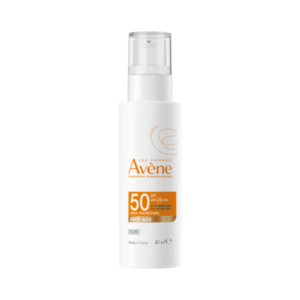 Flasche mit Sonnencreme von Avène, 50 SPF, für hohe UV-Schutz und Anti-Aging-Effekte, 40 ml Inhalt.