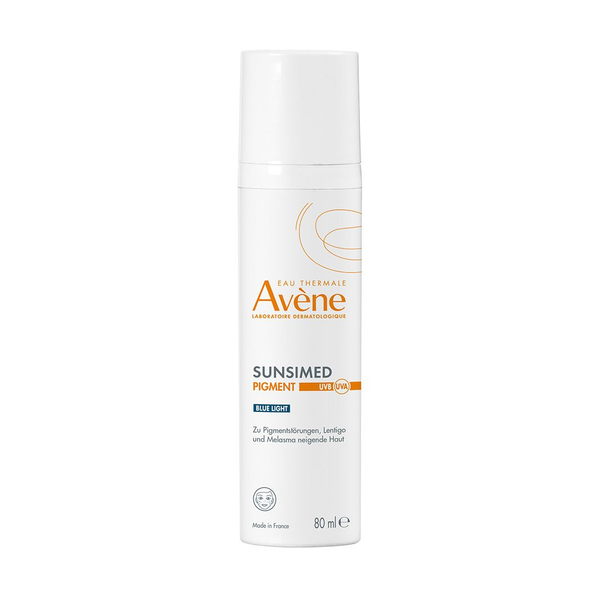 Sonnenschutzmittel in einer weißen Flasche mit Pumpe, enthält 80 ml, zur Behandlung von Hautpigmentierungen.