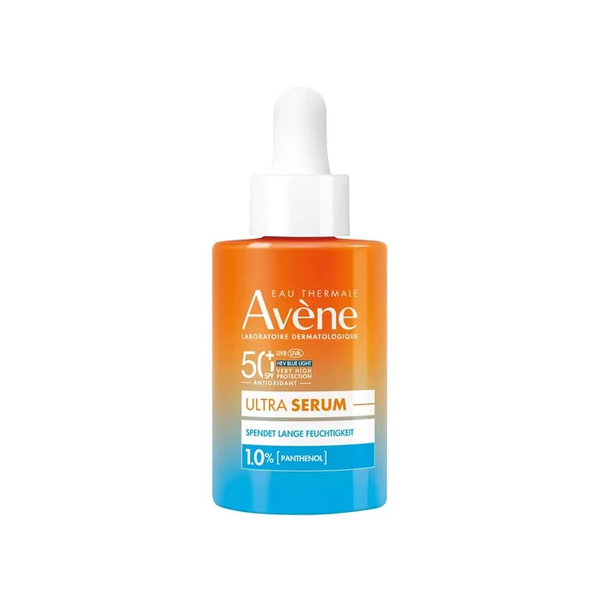 Flasche mit orangefarbenem Serum von Avène, 50+ UV-Schutz und feuchtigkeitsspendenden Eigenschaften, mit Pipette.