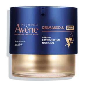 Helle Nachtcreme in einem blauen Glasbehälter mit goldenen Akzenten, Marke Avène, 40 ml, gegen Hautalterung.