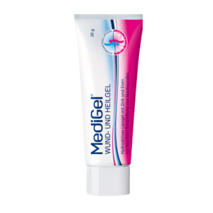 Tube mit Medigel Wund- und Heilsalbe, 20 g, mit Informationen zu den Inhaltsstoffen und der Anwendung.