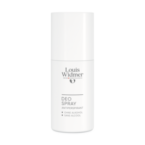 Weißes Deo Spray von Louis Widmer mit alkoholfreier Formel, in einfacher, klarer Verpackung.