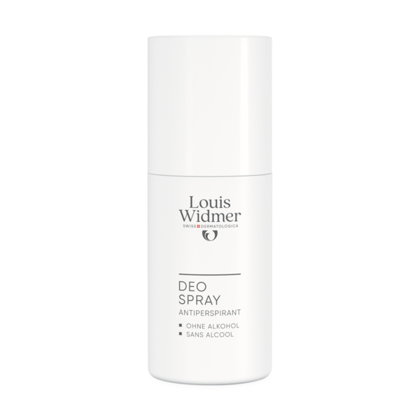Weißes Deo Spray von Louis Widmer mit alkoholfreier Formel, in einfacher, klarer Verpackung.