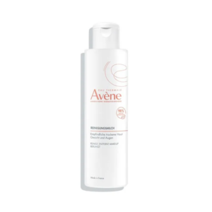 Flasche mit Reinigungsmilch von Avène für empfindliche, trockene Haut, designed zur sanften Reinigung und Makeup-Entfernung.