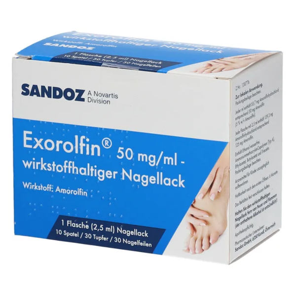 Verpackung des Exorolfin Nagellacks von Sandoz mit Hinweise zur Anwendung und Inhaltsstoffen.