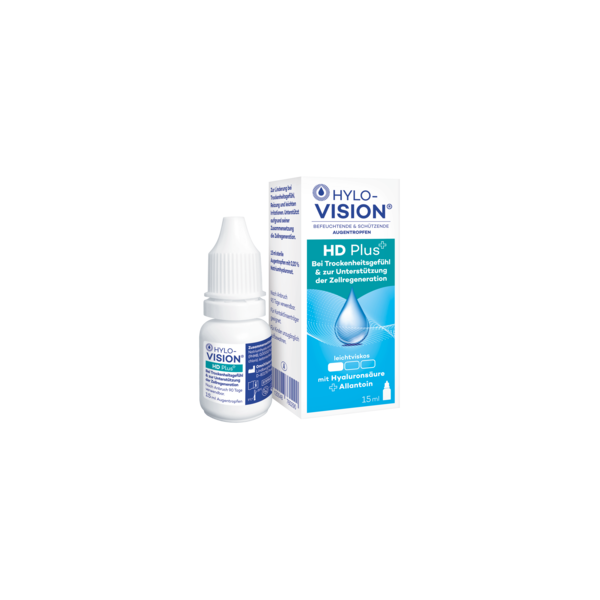 Packung mit Hylo-Vision HD Plus Augentropfen, 15 ml, zur Linderung von Trockenheitsgefühl, mit Hyaluronsäure und Allantoin.