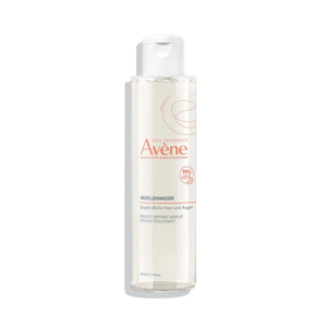 Flasche mit Avène Mizellenwasser für empfindliche Haut, transparent mit Pumpspender und rosa Schriftzug.