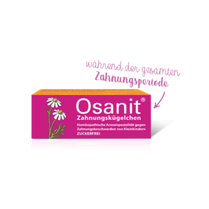 Verpackung von Osanit Zahnungskügelchen, homöopathisches Mittel gegen Zahnbeschwerden bei Kleinkindern, zuckerfrei.