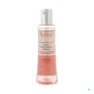 Flasche mit blasser rosa Flüssigkeit, die als Augen-Make-up Entferner dient, für empfindliche Augen geeignet.