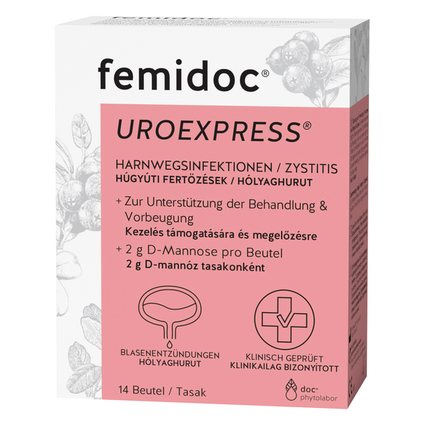 Verpackung von Femidoc UROEXPRESS, unterstützt bei Harnwegsinfektionen und Zystitis, enthält 14 Beutel.