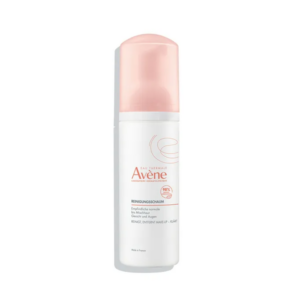 Reinigungschaum von Avène in einer weißen Flasche mit rosa Deckel, geeignet für empfindliche Haut.