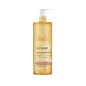 Flasche mit 400 ml Avène Xeracalm D, einer reichhaltigen Reinigungsöl für trockene, atopische Haut.