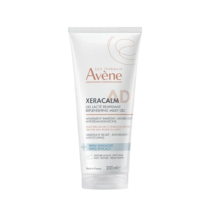 Milchiges Gel der Marke Avène in einer weißen Tube mit orangefarbenen Akzenten, 200 ml, zur Beruhigung trockener Haut.