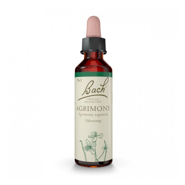 Braune Glasflasche mit Tropfer, etikettiert "Bach AGRIMONY", zeigt botanische Illustration und Inhaltsstoffe.