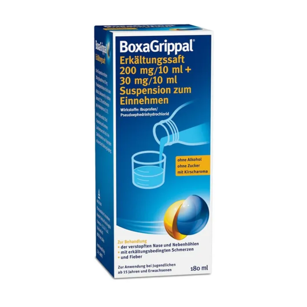 Packung BoxaGrippal Erkältungssoff mit Abbildung eines Glases und einem angebotenen Getränk, 180 ml Inhalt, ohne Alkohol und Zucker.
