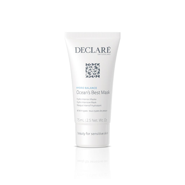 Tube mit Hydro Intensiv Maske von Declare, 75 ml, für alle Hauttypen, Verpackung in Weiß mit Informationen zur Anwendung.