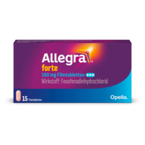 Verpackung von Allegra forte mit 180 mg Filmtabletten, Wirkstoff Fexofenadinhydrochlorid, Hinweis auf 15 Tabletten.