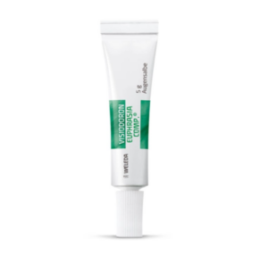 Tube mit Augensalbe Visiodoron Euphrasia Comp. von Weleda, 5 g, schlanke Form, weiße Verpackung mit grüner Schrift.