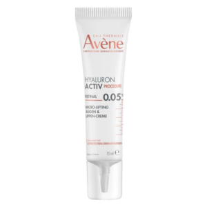 Tube mit Augen- und Lippencreme, enthält Retinal und Hyaluronsäure, Deutliche Produktbezeichnung und Anwendungshinweise.