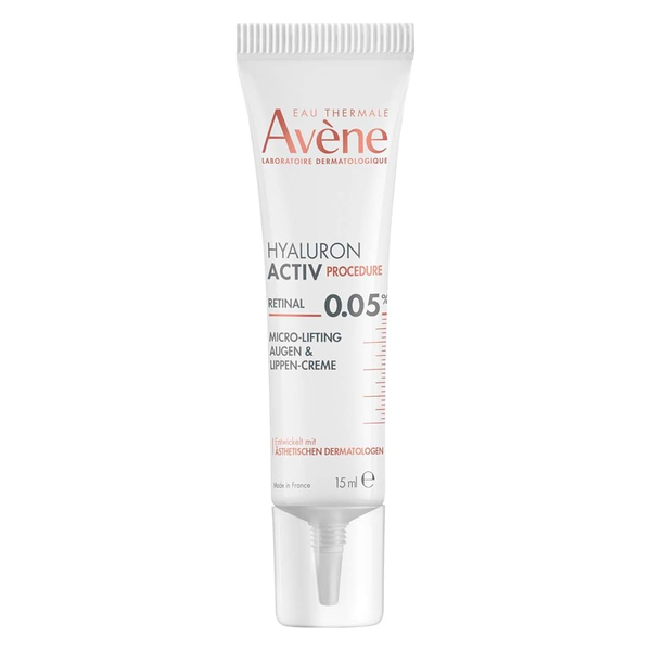 Tube mit Augen- und Lippencreme, enthält Retinal und Hyaluronsäure, Deutliche Produktbezeichnung und Anwendungshinweise.