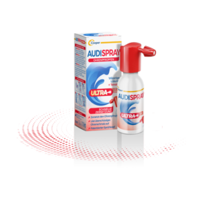 AUDISPRAY Ohrentropfen in einer weißen Sprayflasche mit rotem Sprühkopf und Verpackung, die die Anwendung erklärt.
