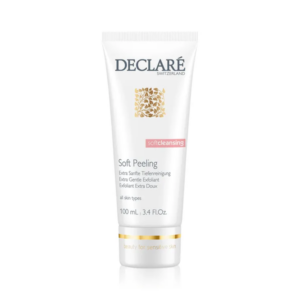 Tube mit sanftem Peeling für empfindliche Haut, 100 ml, von DECLARE, mit Goldakzent und klaren Anweisungen.
