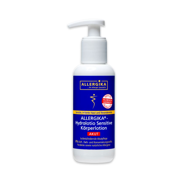 Flasche mit Allergika Hydroloto Sensitive Körperlotion, pumpverschluss, für empfindliche und gereizte Haut.