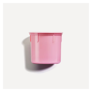 Ein rosa, runder Kunststoffbehälter mit zwei seitlichen Griffen und einer glatten Oberfläche.