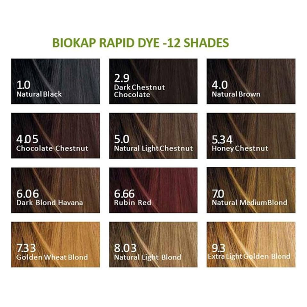 Farbkarte mit 12 Haarfärbetönen von BIOKAP RAPID DYE, einschließlich Schwarz, Braun, Blond und Rot.