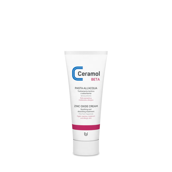 Zinkoxidcreme in einer weißen Tube mit blauer und roter Beschriftung, für empfindliche Haut geeignet.