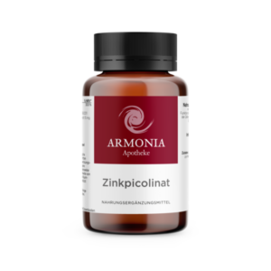 Braune Glasflasche mit schwarzem Deckel, Etikett für Zinkpicolinat von ARMONIA Apotheke.