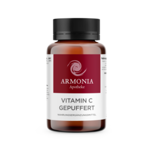 Brauner Glasbehälter mit schwarzem Deckel, enthält pufferndes Vitamin C, Etikett mit Produktinformationen.