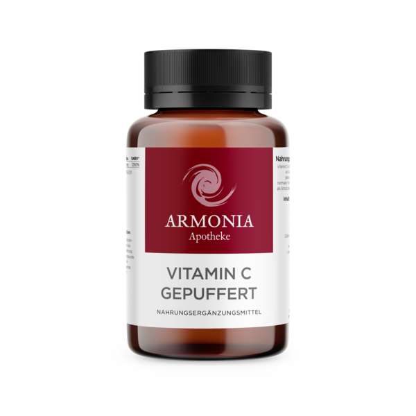 Brauner Glasbehälter mit schwarzem Deckel, enthält pufferndes Vitamin C, Etikett mit Produktinformationen.