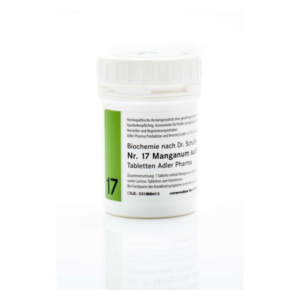 Runde, weiße Flasche mit einem grünen Etikett, die homöopathische Mangansulfat-Tabletten enthält. Auf dem Etikett sind Dosierungshinweise und Herstellerinformationen angegeben.