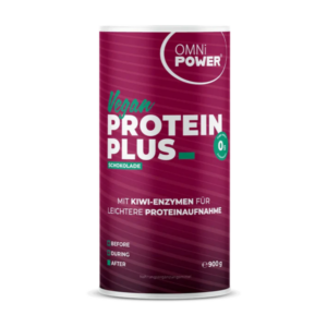 Dosenverpackung von veganem Proteinpulver, Geschmacksrichtung Schokolade, mit Hinweisen zu Kiwi-Enzymen für bessere Proteinaufnahme.
