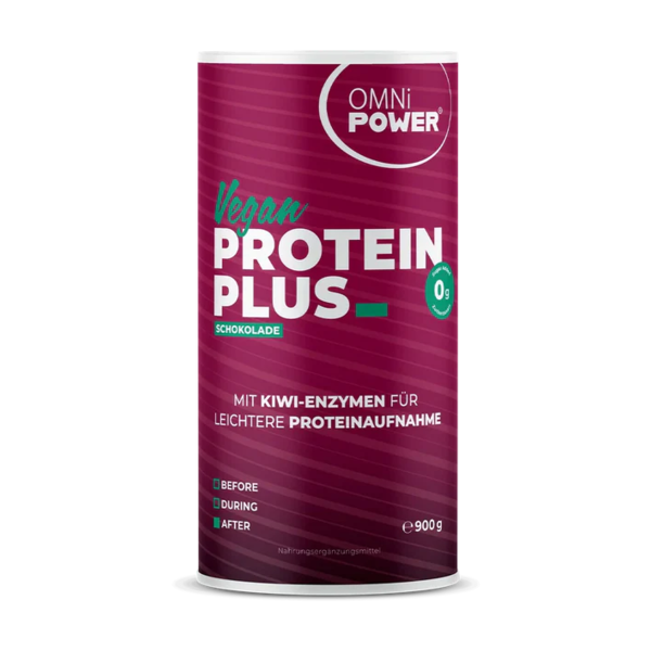 Dosenverpackung von veganem Proteinpulver, Geschmacksrichtung Schokolade, mit Hinweisen zu Kiwi-Enzymen für bessere Proteinaufnahme.