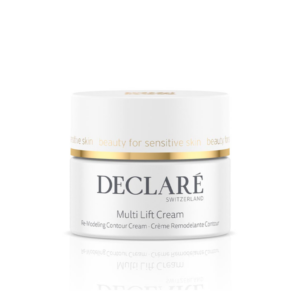 Eine runde, weiße Cremeverpackung mit goldener Kante, beschriftet mit "DEDECLARE Switzerland Multi Lift Cream".