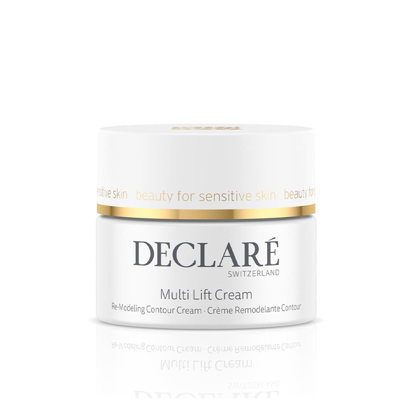 Eine runde, weiße Cremeverpackung mit goldener Kante, beschriftet mit "DEDECLARE Switzerland Multi Lift Cream".
