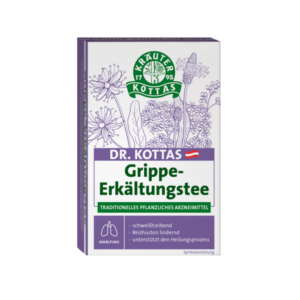 Verpackung von Dr. Kottas Grippe-Erkältungstee mit grüner Schrift und pflanzlichen Motiven, betont traditionelle Heilmittel.