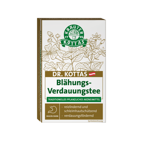 Verpackung von Dr. Kottas Blähungs-Verdauungstee mit Pflanzenmotiven und Informationen zur Anwendung.