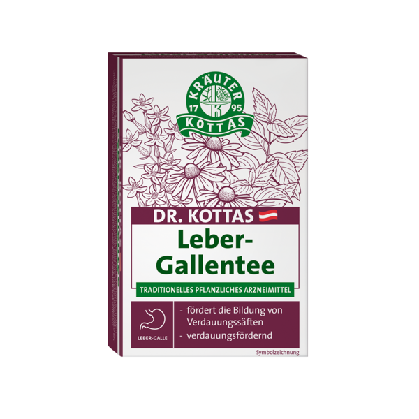 Verpackung von Dr. Kottas Leber-Gallentee mit Kräutermotiven und Hinweisen zu seiner Wirkung.