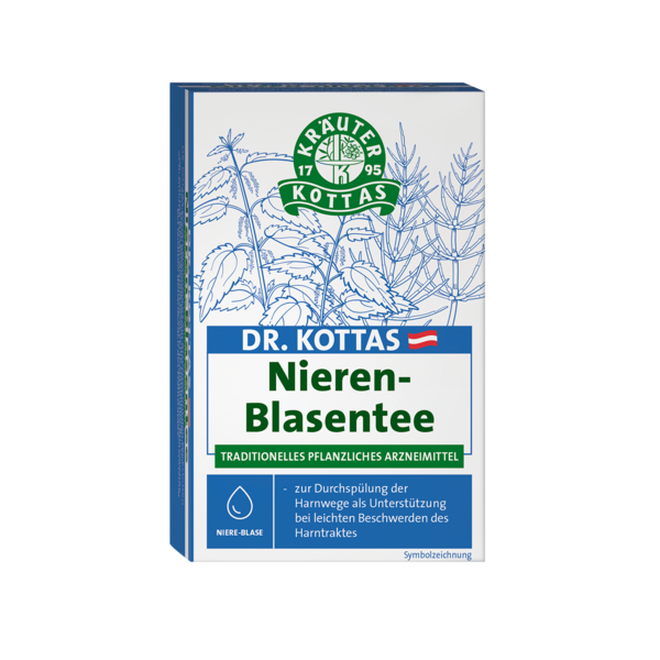 Verpackung von Dr. Kottas Nieren-Blasentee, ein traditionelles pflanzliches Arzneimittel zur Unterstützung der Harnwege.