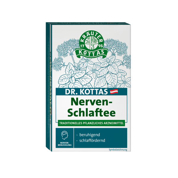 Verpackung des Nerventees von Dr. Kottas mit beruhigenden Pflanzenmotiven und Hinweis auf schlaffördernde Wirkung.