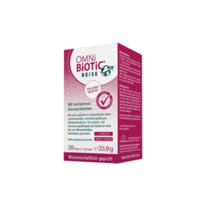 Verpackung von OMNi-BiOTiC REISE mit hochaktiven Darmsymbionten, vegan und glutenfrei, für Reiseanwendungen.