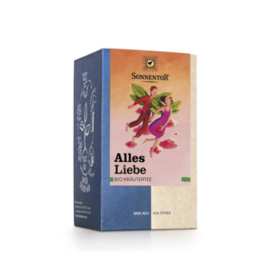 Packung mit dem Aufdruck 'Alles Liebe', die Bio-Kräuterteemischung darstellt, zeigt illustrierte tanzende Paare.