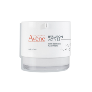 Weiße Nachtcreme von Avène mit Hyaluron und B3 in einem runden, transparenten Tiegel.