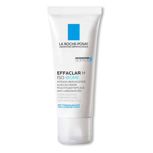 Weiße Tube mit Schraubverschluss von La Roche-Posay, Effaclar H ISO-BIOME Feuchtigkeitspflege, beruhigend und ausgleichend.