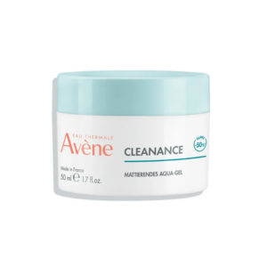 Runddose mit mattierendem Aqua-Gel von Avène, blauer Deckel, 50 ml Inhalt, abgebildet auf hellem Hintergrund.