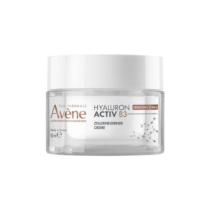 Hyaluroncreme in einem glasklaren Tiegel mit weißem Deckel, beschriftet mit "Avène Hyaluron Activ B3".