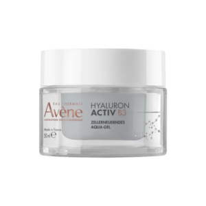 Transparentes Glasbehältnis mit Deckel, enthält Hyaluron Activ B3 Aqua-Gel von Avène, hautpflegendes Produkt.